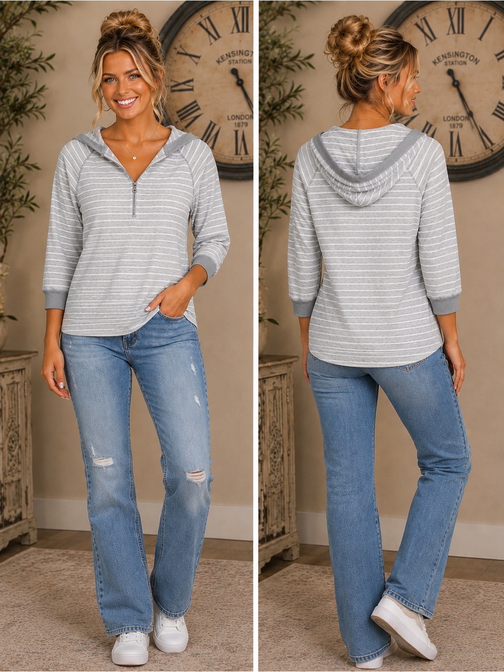 Lauren Ralph Lauren Gray & White Striped Half-Zip Hoodie